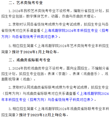 上海戏剧学院2024年本科招生专业考试类型